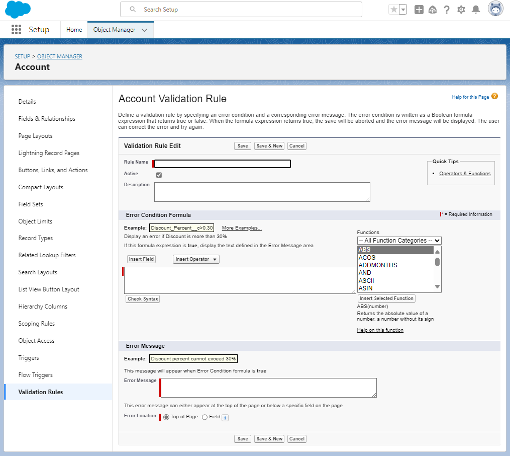 Creating New Validation Rule on Account Object