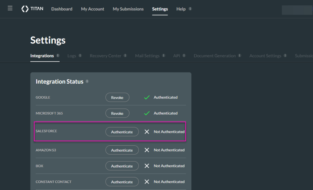 Don’t forget to authenticate Salesforce in the Titan