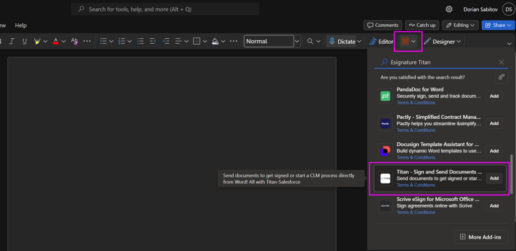 Install the Titan Word Add-in