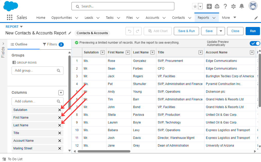 Remove columns from Report