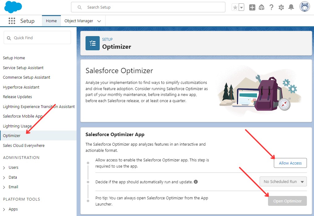 Running Salesforce Optimizer Step 1