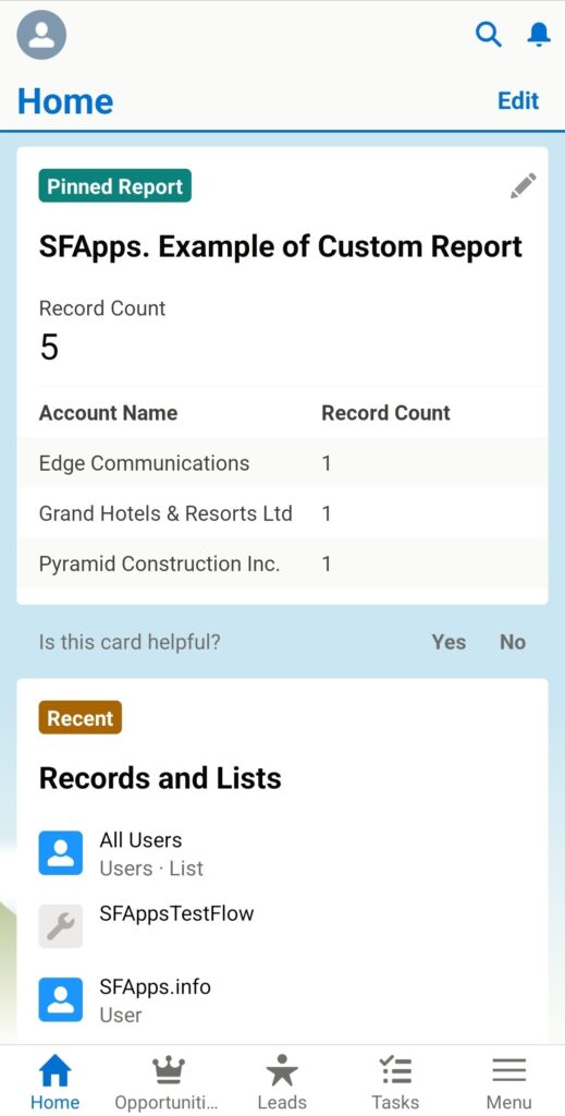 Salesforce Mobile App Example of Home Page