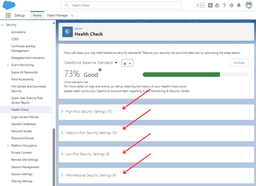 Salesforce Security Health Check Step 3 Four Risk Categories