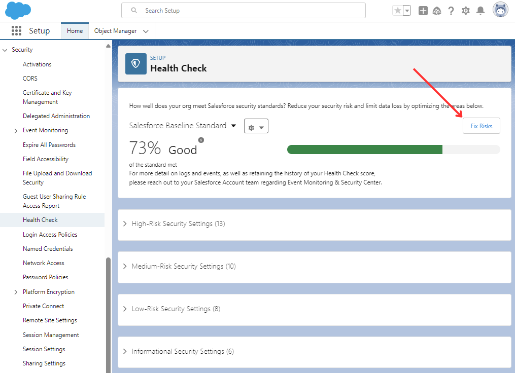 Salesforce Security Health Check Step 5 Fix Risks Button