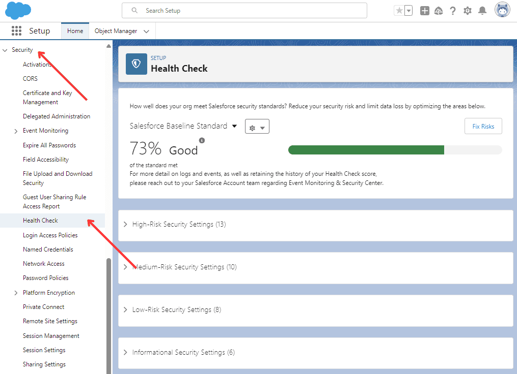 Salesforce Security Health Check in Setup