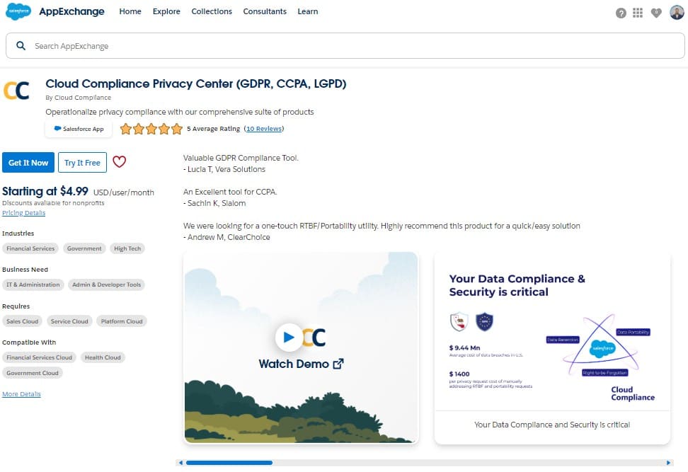 Cloud Compliance Privacy Center (GDPR, CCPA, LGPD) on AppExchange