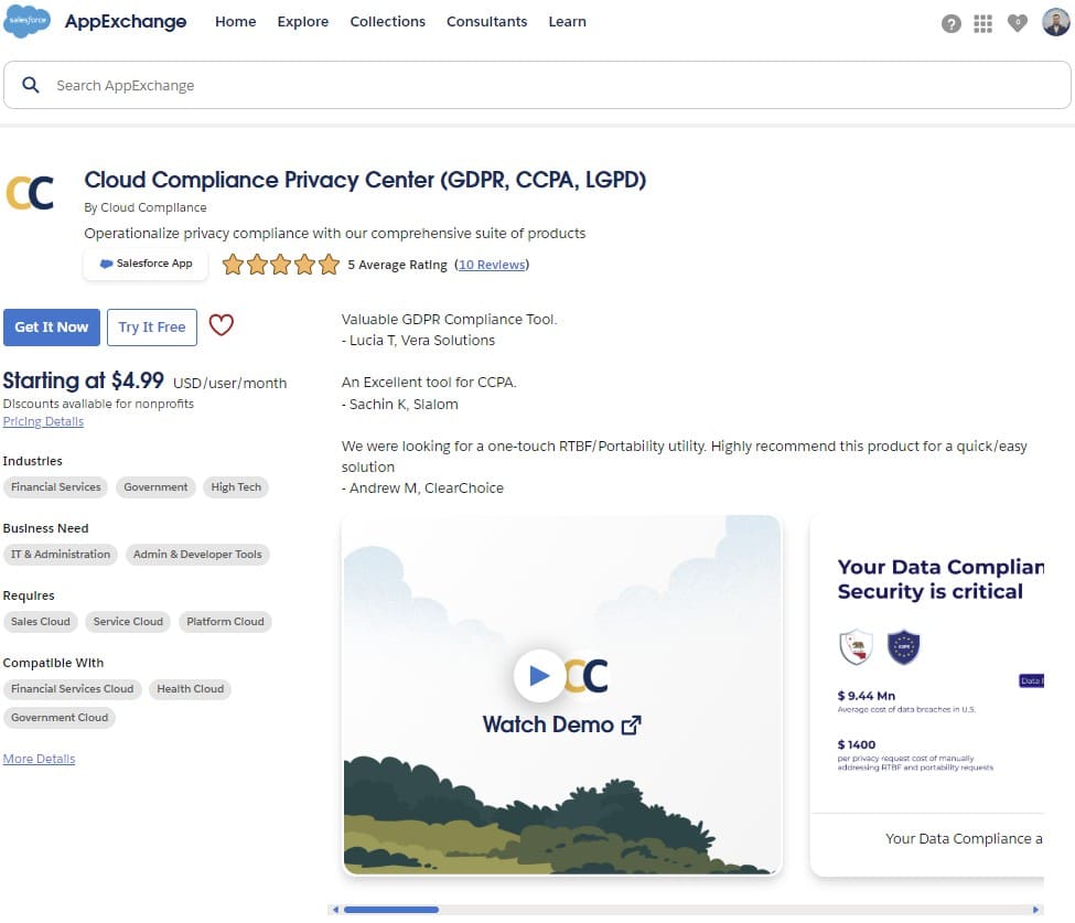 Cloud Compliance Privacy Center (GDPR, CCPA, LGPD) on AppExchange