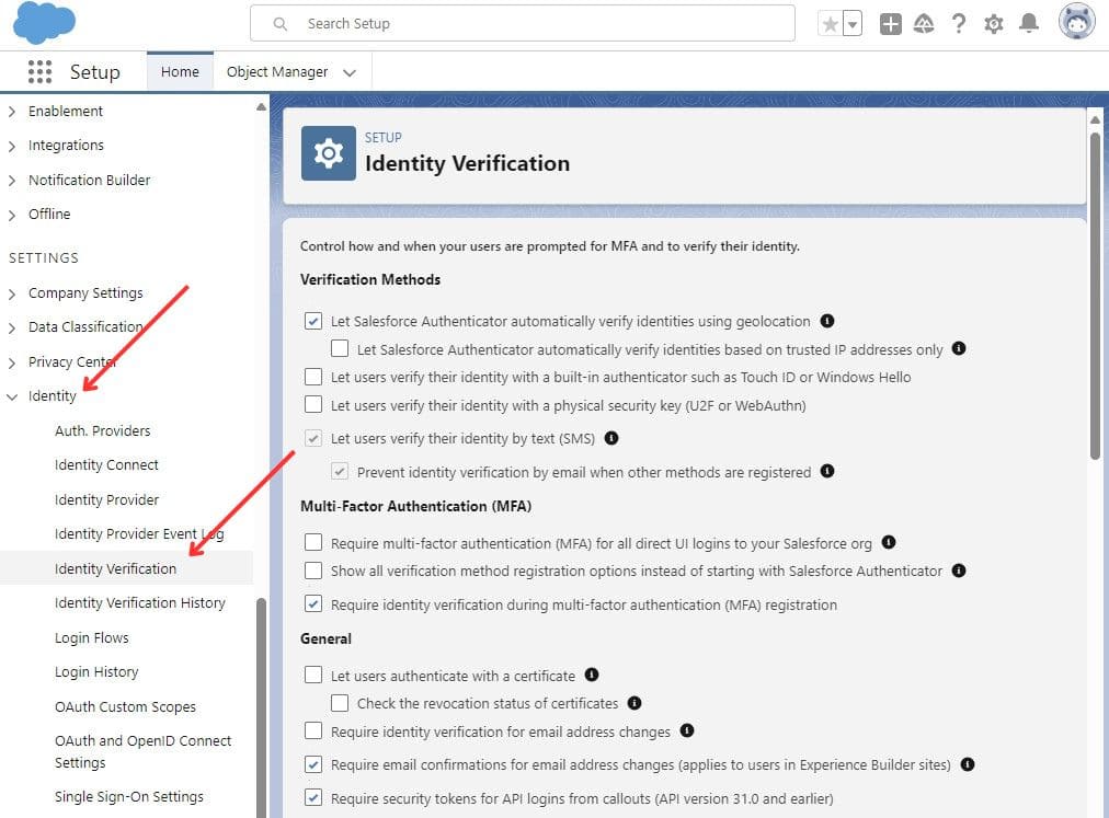 Identity Verification Settings in Setup