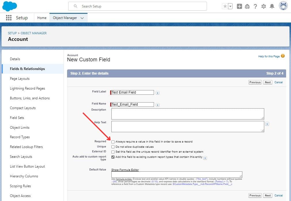 Required Checkbox in Custom Field Setting in Setup