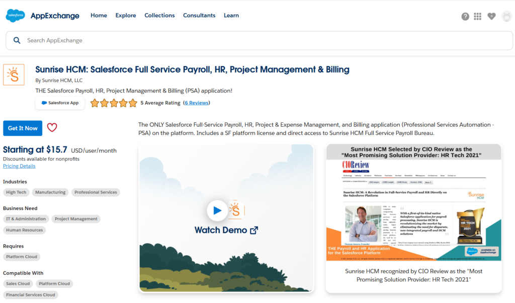 Sunrise HCM Salesforce Full Service Payroll, HR, Project Management & Billing app