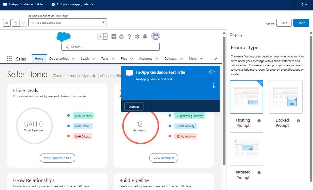 In-App Guidance Builder Interface in Salesforce Org