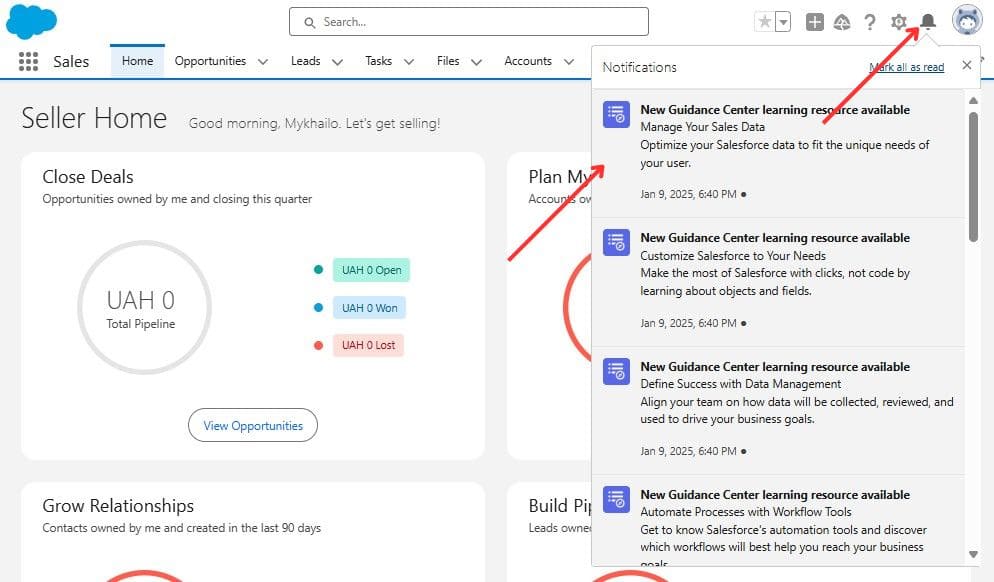 Standard Salesforce Notifications in Salesforce Org